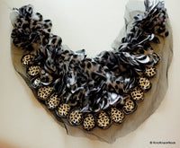 Thumbnail for White, Grey And Black Leopard Print Satin Fabric With Beads Neck Collar Trim