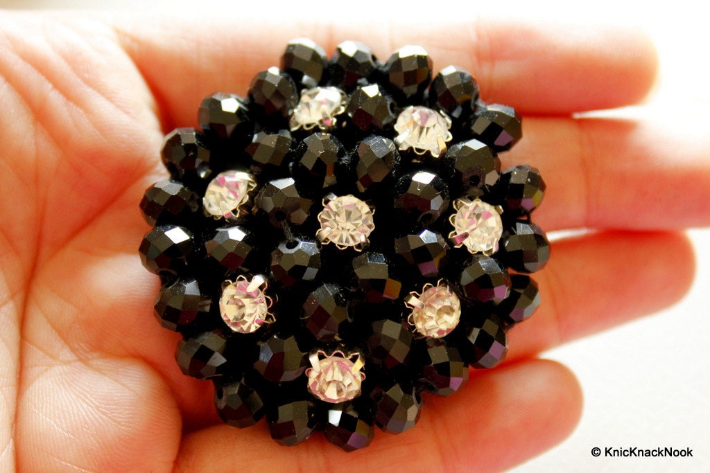 Black Round Shaped Applique, Black Rondelle Beads Applique, Rhinestone Applique - 030315A213