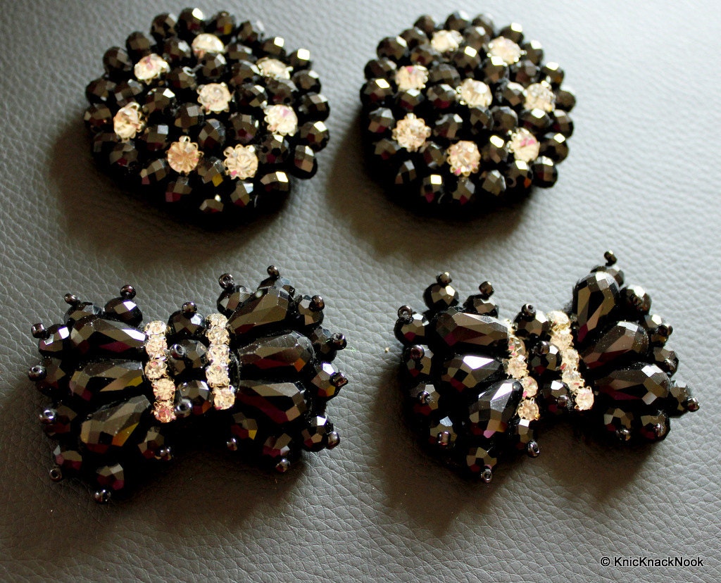 Black Round Shaped Applique, Black Rondelle Beads Applique, Rhinestone Applique - 030315A213