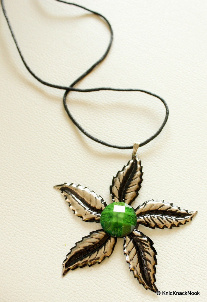 Green And Antique Silver Flower Pendant