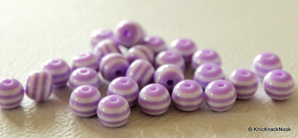 8mm Purple And White Striped Round Resin Spacer Beads x 20