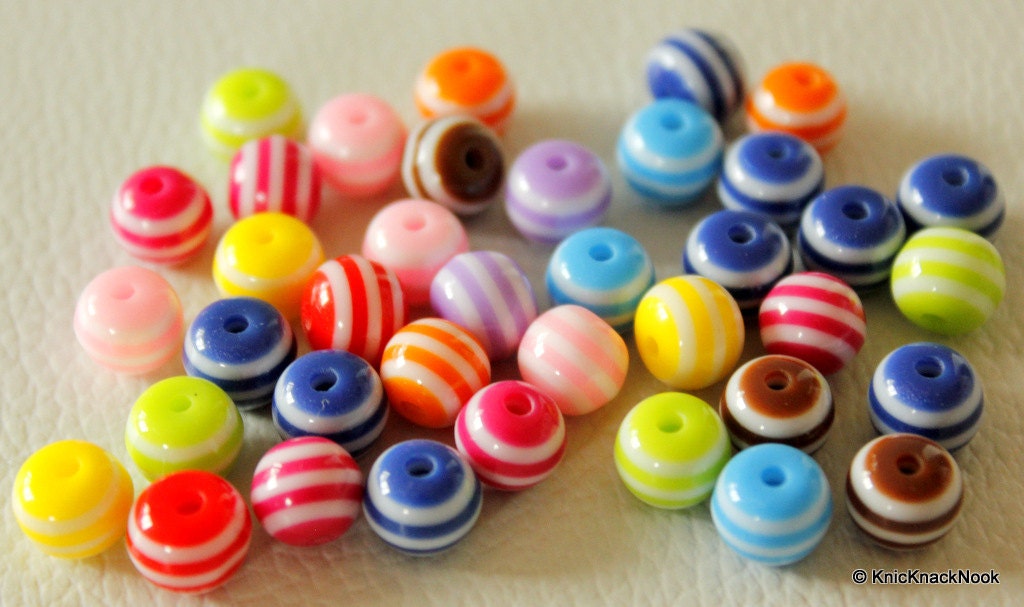 8mm Mixed Striped Round Resin Spacer Beads x 20