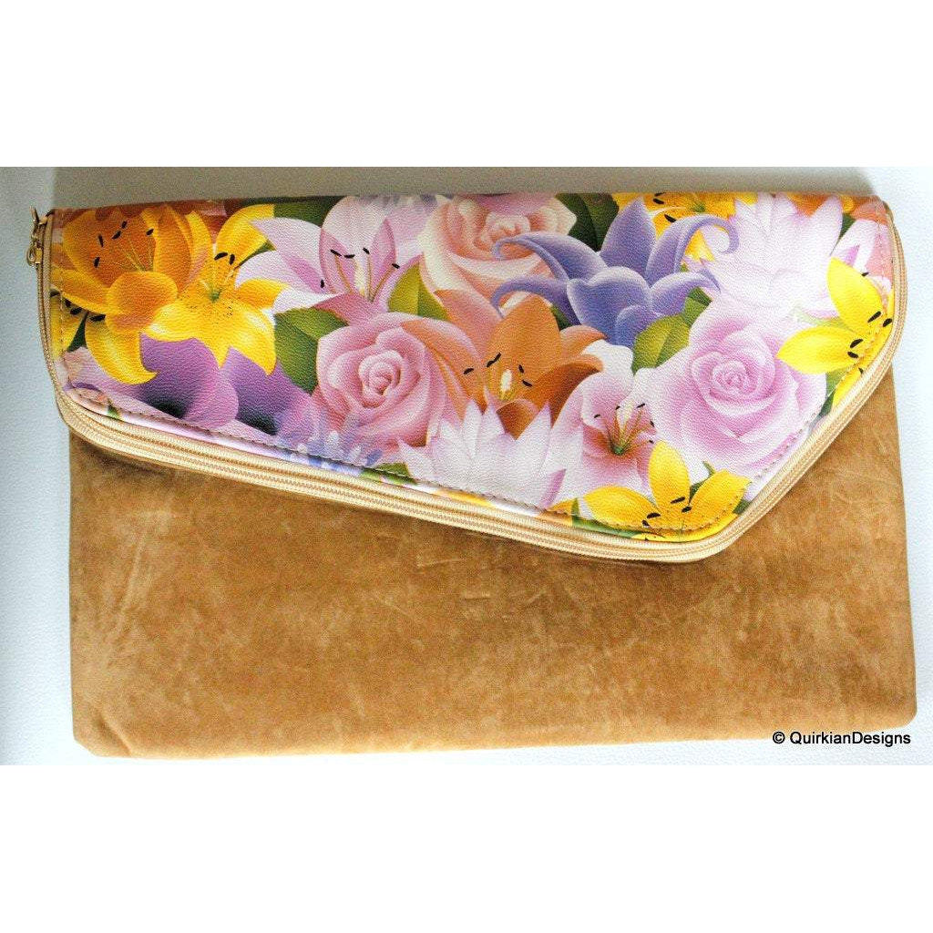 Brown Bag With Purple, Pink And Yellow Flowers Design, Wedding & Party Clutch and Bags, Faux Leather Bag