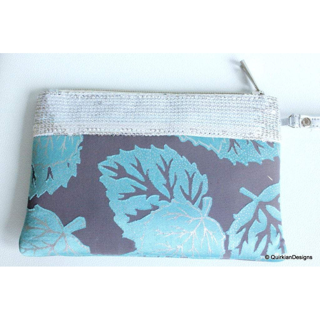 Wedding Party Clutch, Green, Grey And Silver Fabric Purse With Silver Flower, Sequins Clutch