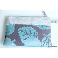 Thumbnail for Wedding Party Clutch, Green, Grey And Silver Fabric Purse With Silver Flower, Sequins Clutch