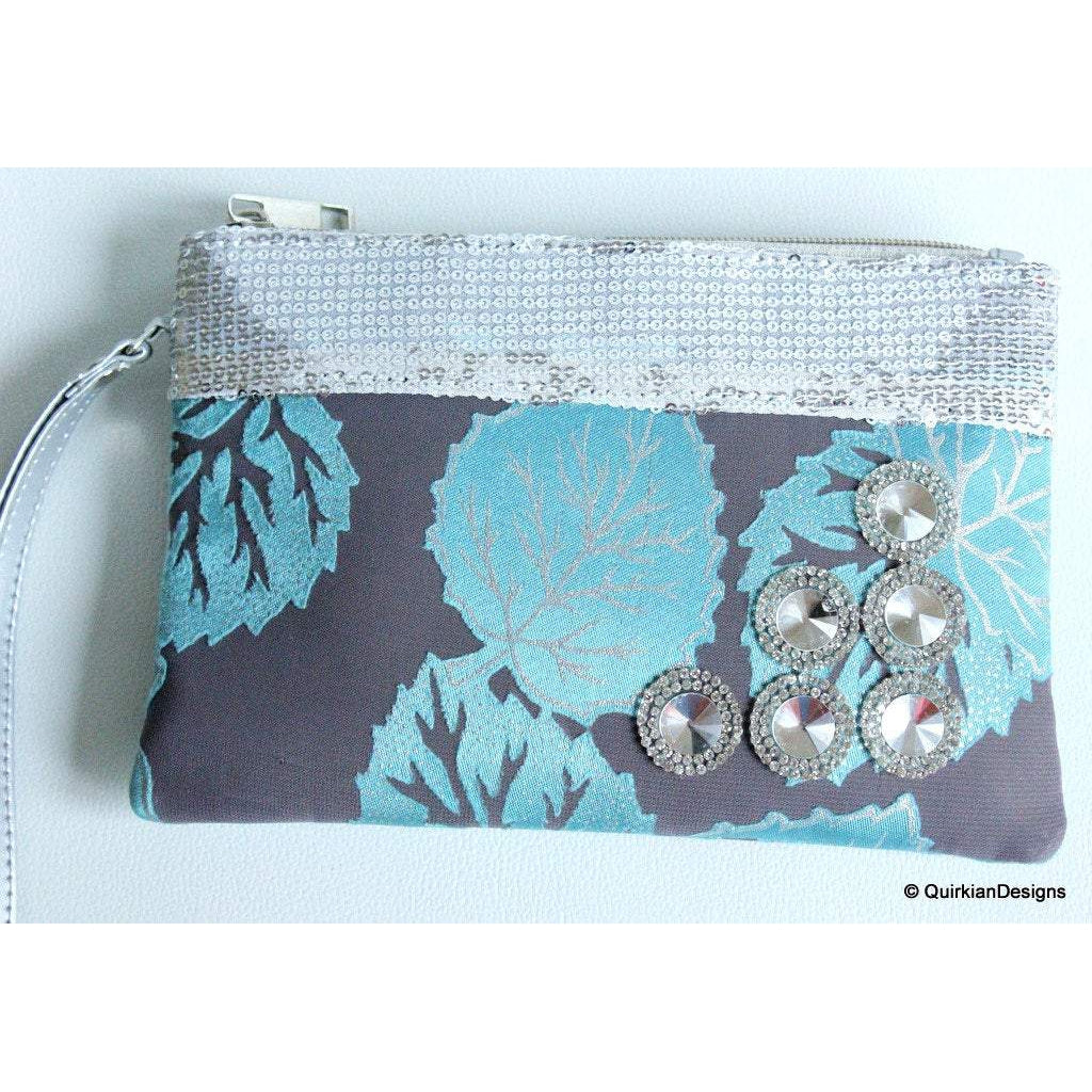 Wedding Party Clutch, Green, Grey And Silver Fabric Purse, Sequins Purse