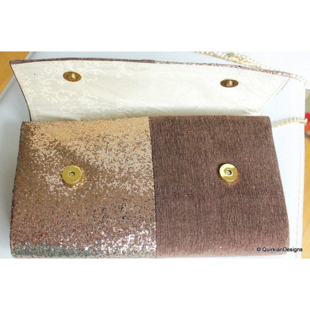 Brown Fabric Clutch And Copper Sequins Clutch, Wedding Clutch, Party Bag, Hard Body Bag