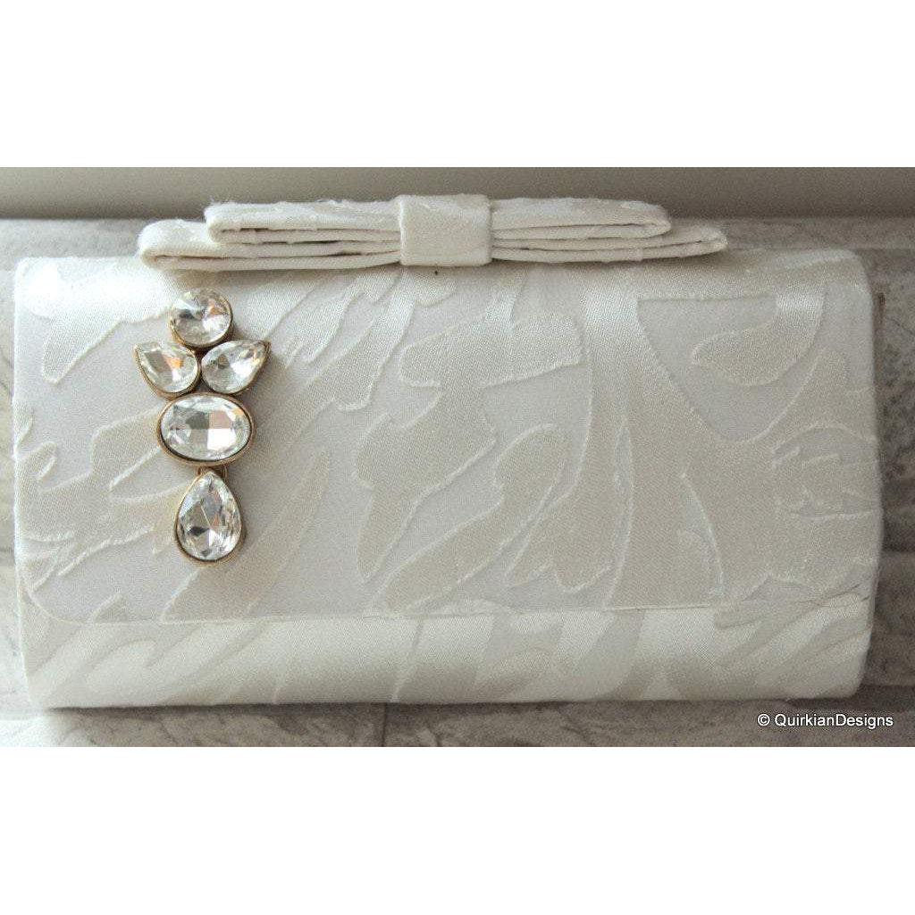 Wedding Party Clutch, Hard Body Purse, White Fabric Purse With Crystal Embellishment