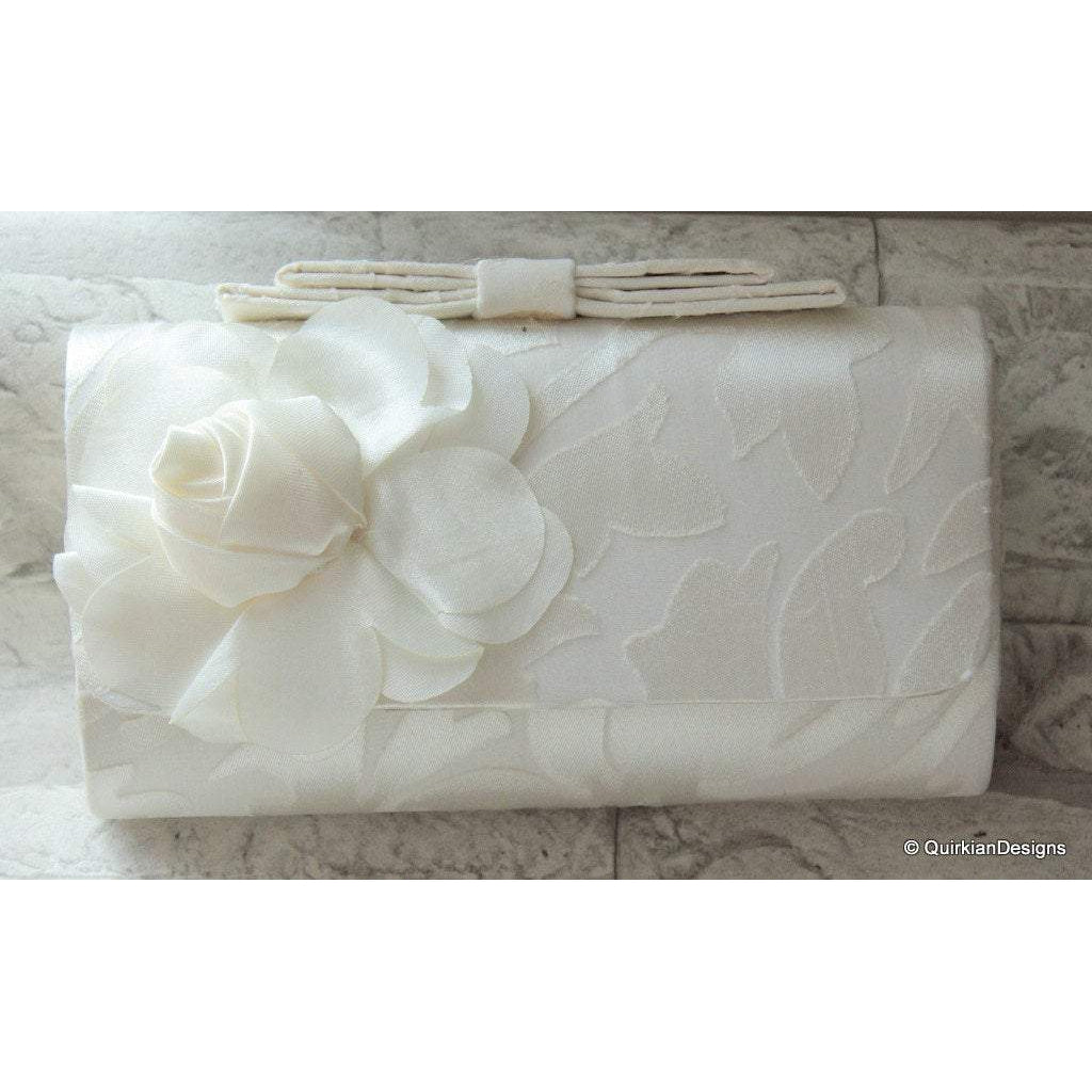 Wedding Party Clutch, Hard Body Purse, White Fabric Purse With White Flower Applique