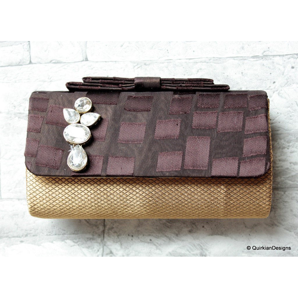 Wedding Party Clutch, Hard Body Purse, Brown And Copper Bronze Fabric Purse