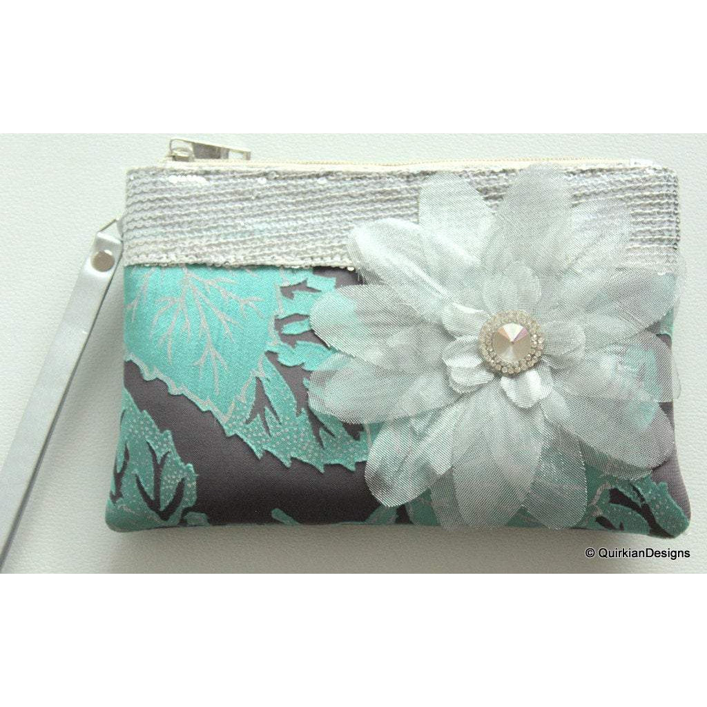 Wedding Party Clutch, Green, Grey And Silver Fabric Purse With Silver Flower, Sequins Clutch