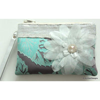 Thumbnail for Wedding Party Clutch, Green, Grey And Silver Fabric Purse With Silver Flower, Sequins Clutch