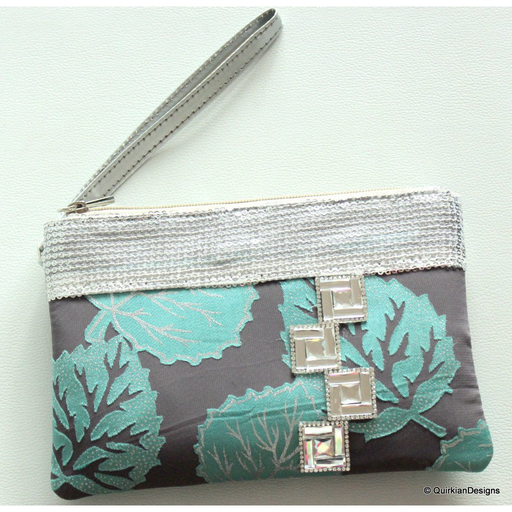 Wedding Party Clutch, Green, Grey And Silver Fabric Purse With Silver Accents, Sequins Clutch
