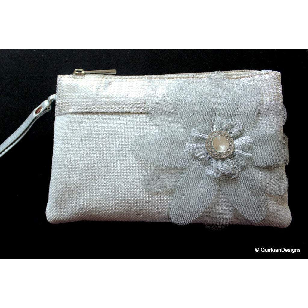Wedding Party Clutch, Silver Fabric Purse, Sequins Purse