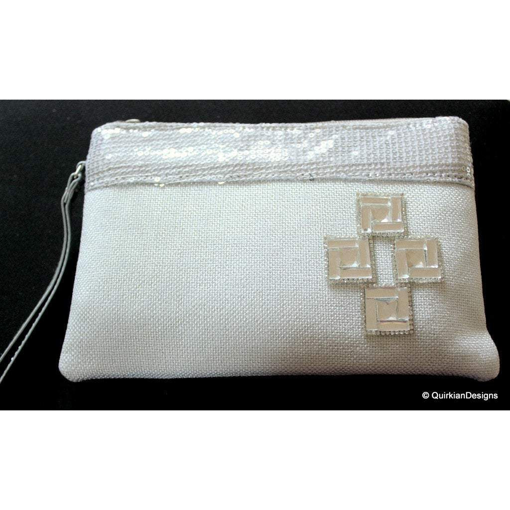 Wedding Party Clutch, Silver Fabric Purse, Sequins Purse With Silver Square Designs