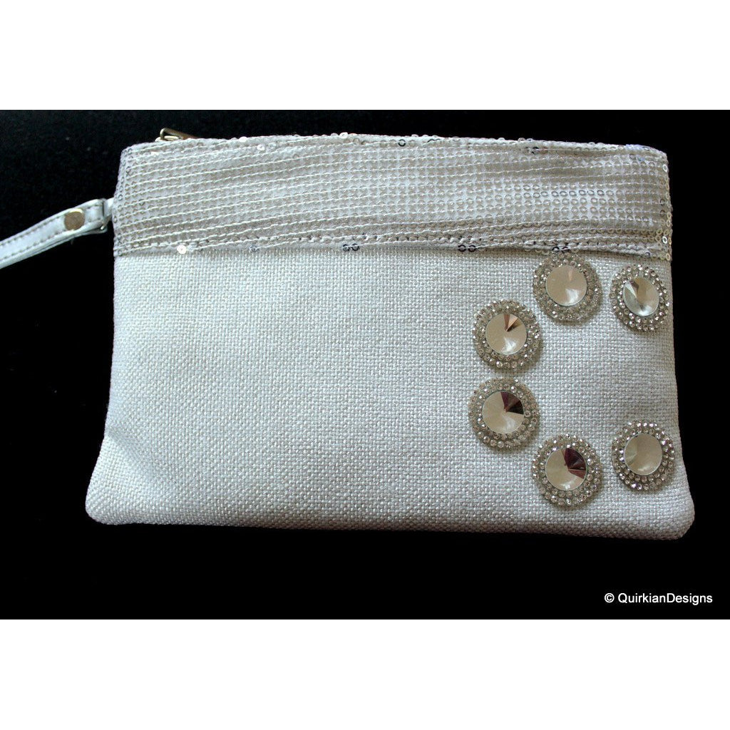 Wedding Party Clutch, Silver Fabric Purse, Sequins Purse With Silver Round Accents