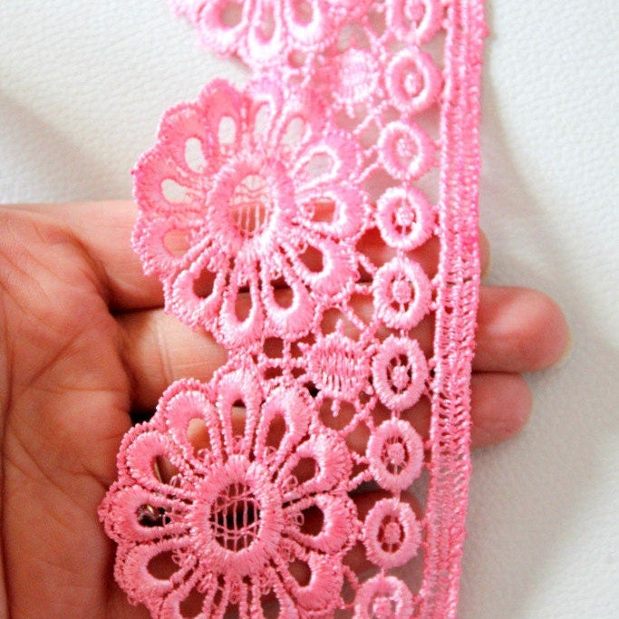 Pink Embroidery Cotton Floral Lace Trims, Indian Laces, Indian Trims
