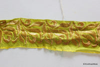 Thumbnail for Green Fabric Trim With Gold Thread Embroidery, Approx. 68mm Wide - 170216L4