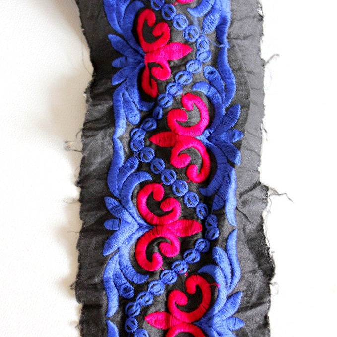 Black Fabric Trim With Blue And Fuchsia Pink Thread Embroidery, Approx. 12cm Wide