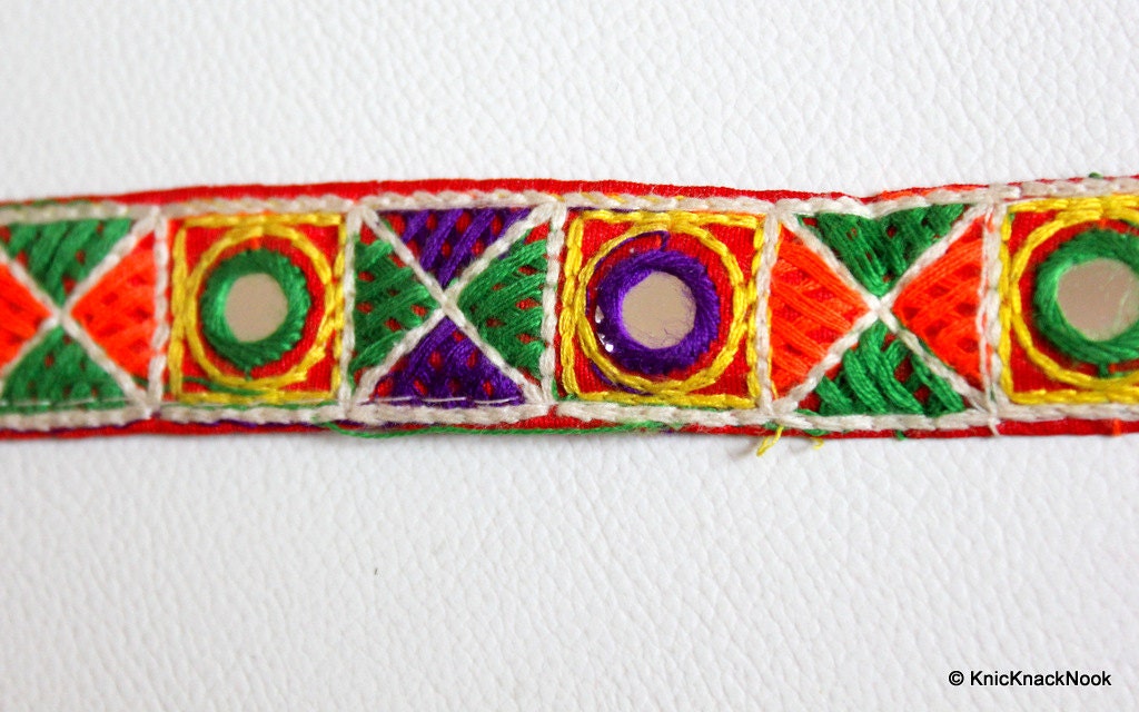 Red Mirrored Fabric Trim With Yellow, Green, Violet