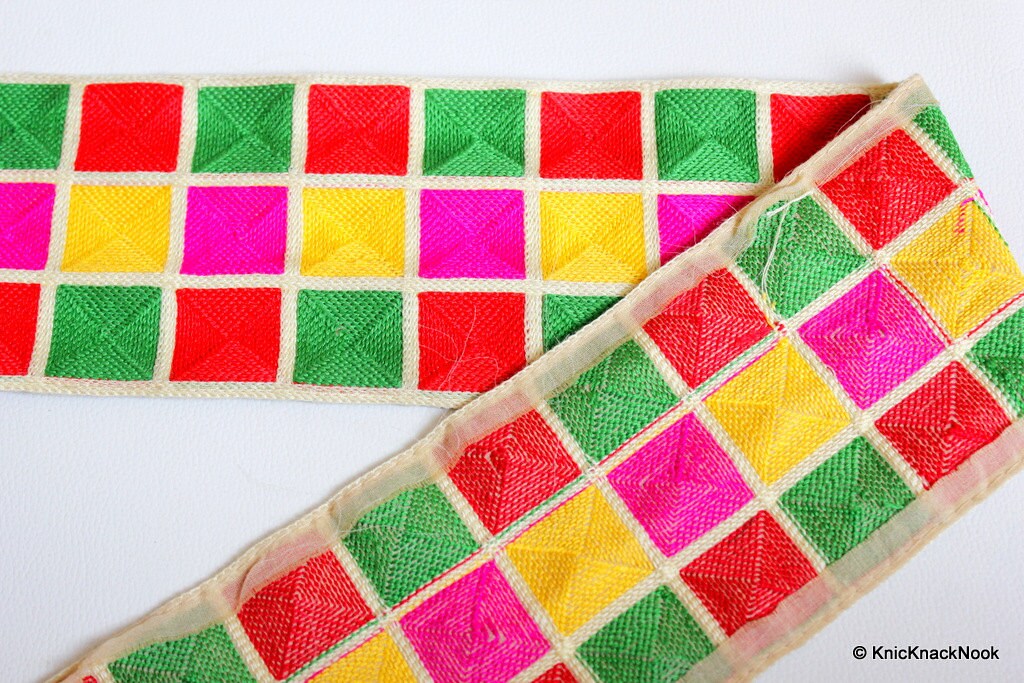 Beige Trim With Green, Pink, Red And Yellow Square Pattern Thread Trim