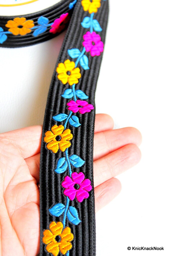 Black Fabric Trim With Yellow And Fuchsia Pink Flowers And Blue Leaves Embroidery Lace, Approx. 34mm Wide