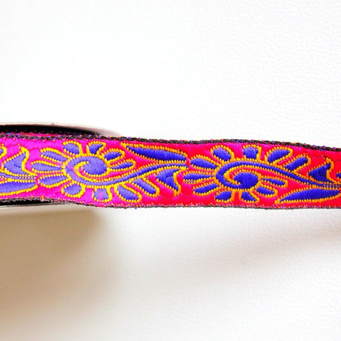 Wholesale Fuchsia Pink Lace Trim With Blue Thread Embroidery, Approx. 25mm Wide Trim by Yards Indian Jacquard Woven Trim