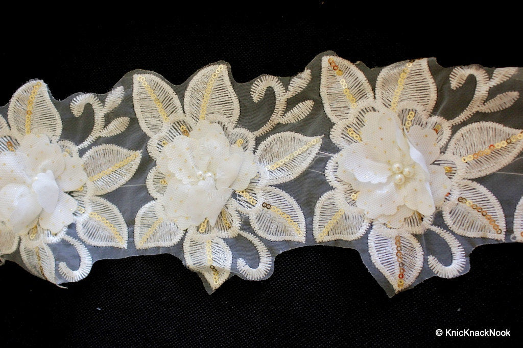 White Embroidered Flower Lace Trim With Sequins And Pearls, White And Gold Floral Trim Lace, Approx. 13.5cm Wide