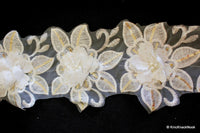 Thumbnail for White Embroidered Flower Lace Trim With Sequins And Pearls, White And Gold Floral Trim Lace, Approx. 13.5cm Wide
