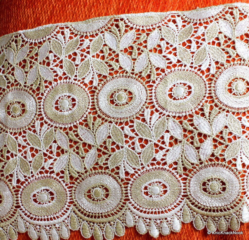 Off White And Gold Embroidery Crochet Cotton Lace Trim, Approx. 23 cm - 140316L101
