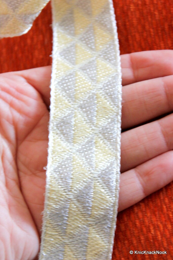 Wholesale Silver And Beige Woven Jacquard Trim, Approx. 32 mm Trim By 9 Yards Costume Trim Sari Border, Indian Craft Ribbon