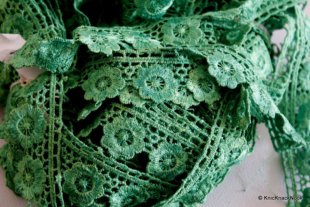 Green Embroidered Flower Lace Trim, Approx 32mm wide