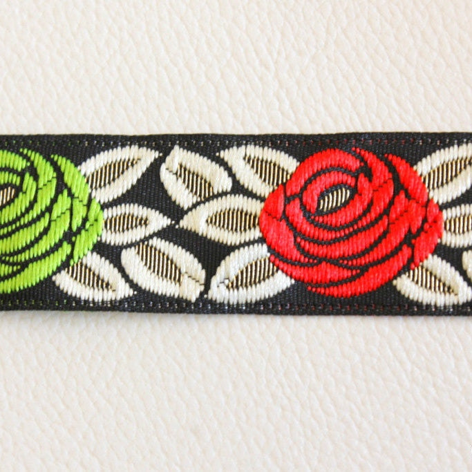Wholesale Red, Pink And Green Rose Jacquard Black Trim, Approx. 25mm Wide