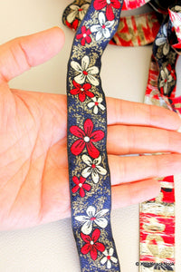 Thumbnail for Red, Beige And Gold Flower Embroidery Blue Fabric Lace Trim, Approx. 26mm Wide