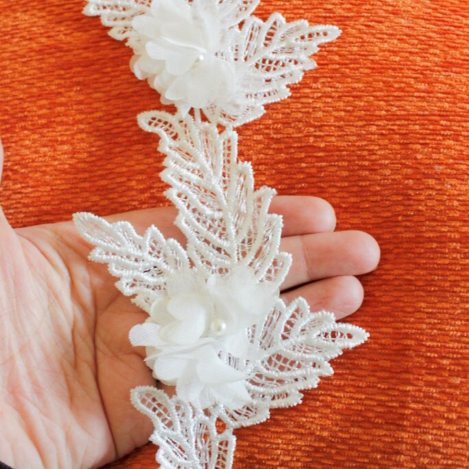 White Embroidered Flower With Leaves Lace Crochet Trim With Pearls, Approx. 11cm Wide