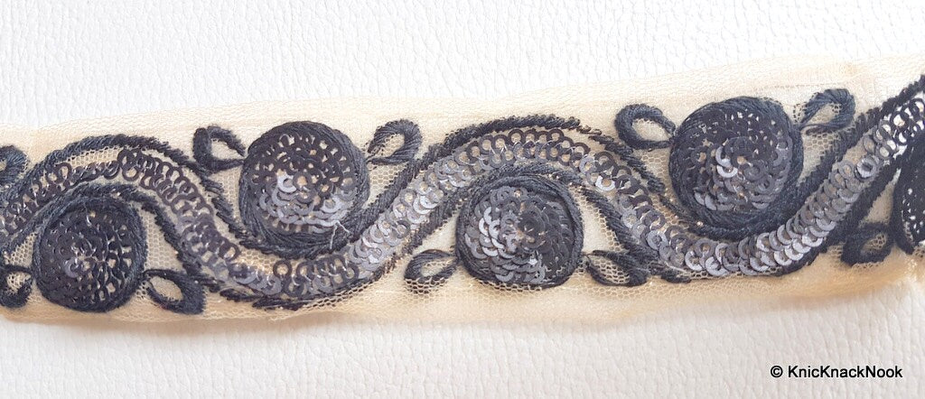 Beige Net Lace Trim With Black Embroidery And Sequins, Approx. 35mm wide
