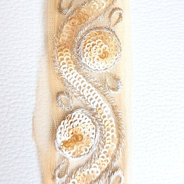 Beige Net Lace Trim With Silver Embroidery And Gold Sequins, Approx. 35mm wide