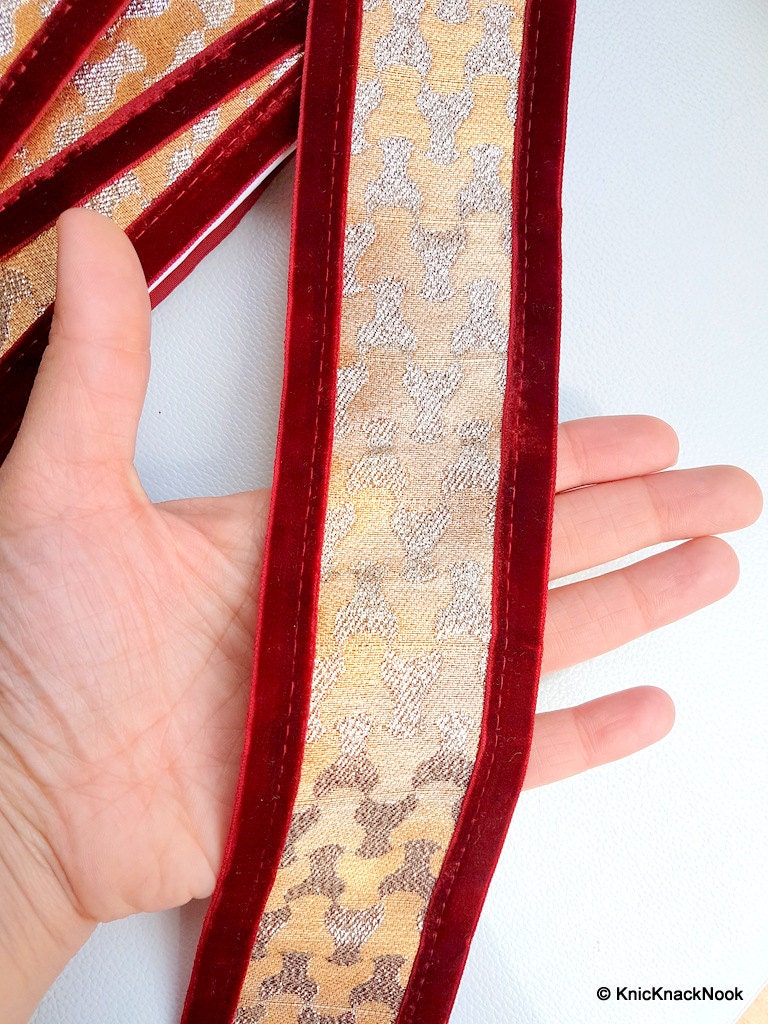 Gold Trim With Maroon Velvet Border Piping, Approx. 60 mm wide
