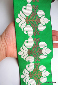 Thumbnail for Green Fabric Trim With Beige And Gold Thread Embroidery, Approx. 10.3cm Wide