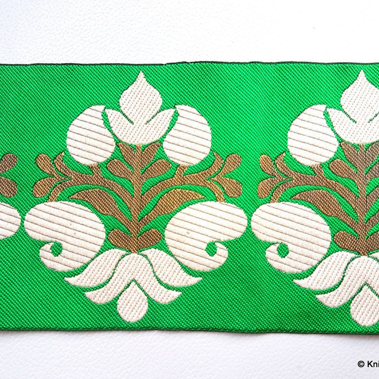 Green Fabric Trim With Beige And Gold Thread Embroidery, Approx. 10.3cm Wide