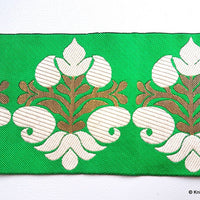 Thumbnail for Green Fabric Trim With Beige And Gold Thread Embroidery, Approx. 10.3cm Wide