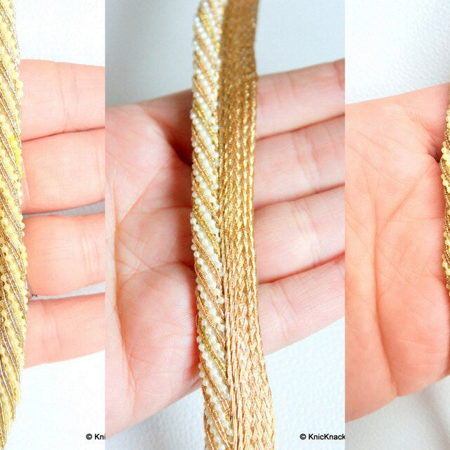 Antique Gold Woven Trim With Gold Thread And Pearls, Approx. 20mm