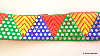 Thumbnail for Red Mirrored Fabric Trim With Yellow, Orange , Green And Blue Embroidery With Mirrors