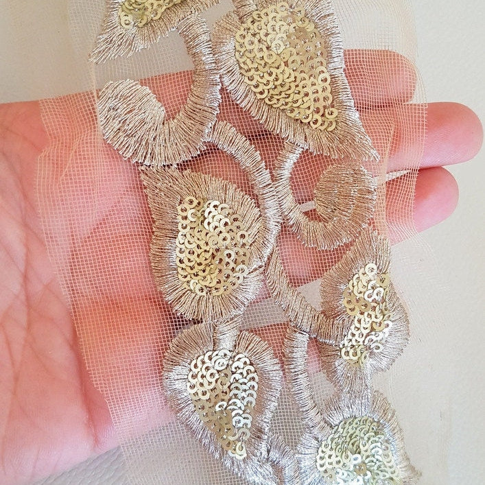 Beige Net Trim With Antique Silver Thread And Sequins Embroidery, Approx. 95mm Wide