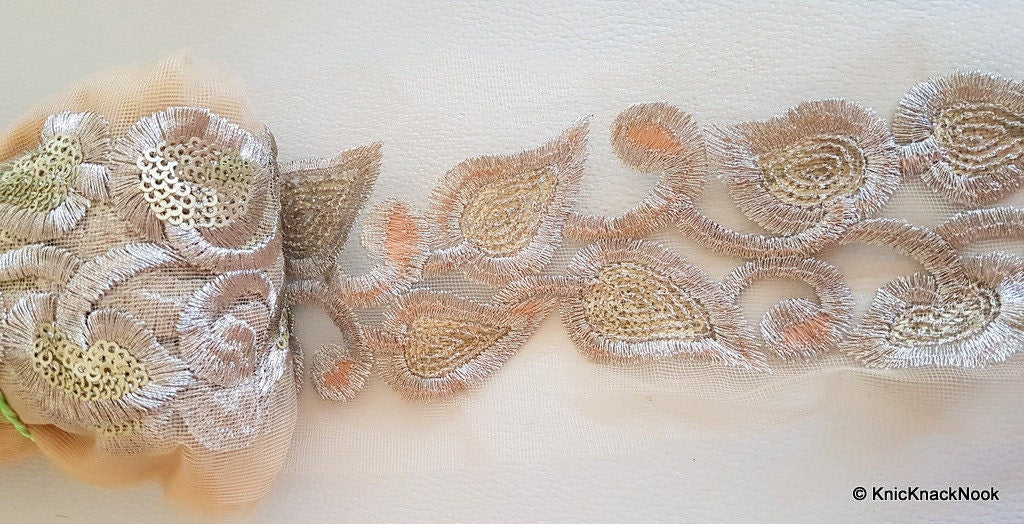 Beige Net Trim With Antique Silver Thread And Sequins Embroidery, Approx. 95mm Wide
