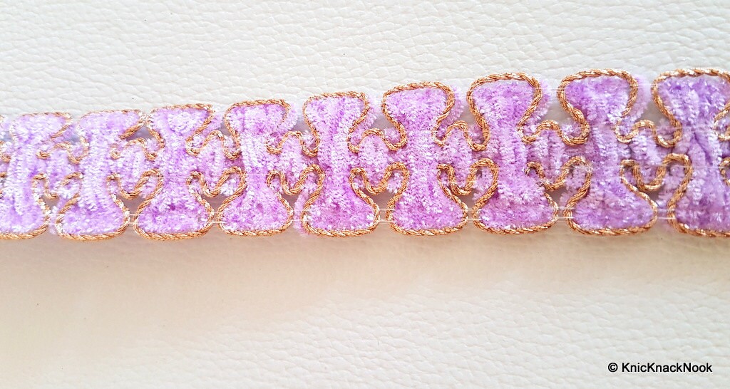Lilac Purple Lace Trim With Gold Border Piping, Approx. 25mm