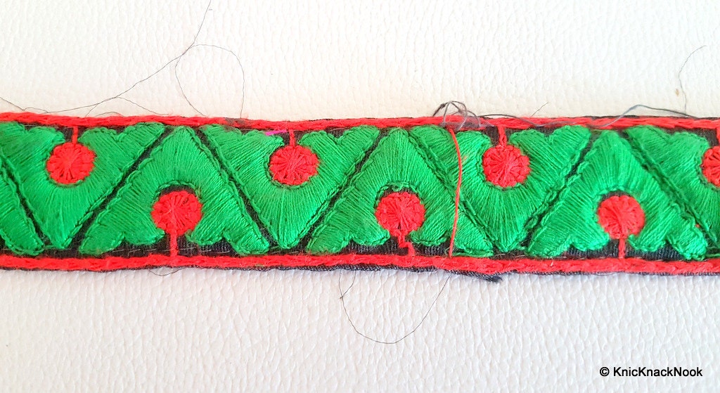 Black Fabric Trim With Green And Red Thread Embroidery, Cotton Trim,Approx. 30mm wide