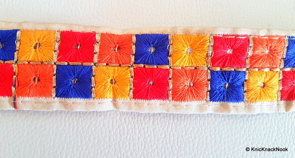 Beige Trim With Blue, Yellow, Red And Orange Square Pattern Embroidery