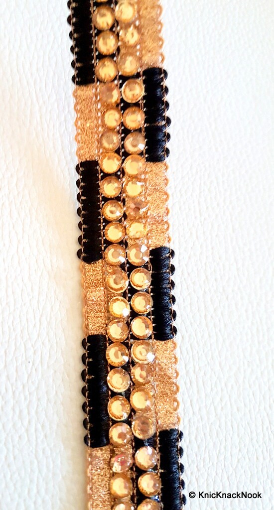 Black And Gold Shimmer Lace Trim With Diamante Beads Embellishments, Approx. 21mm Wide, - 140316L189