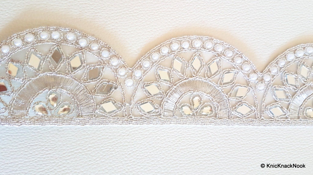 Silver Embroidered Lace Trim With Mirror, Beads And Pearl Embellishments, Approx. 53mm Wide - 140316L187